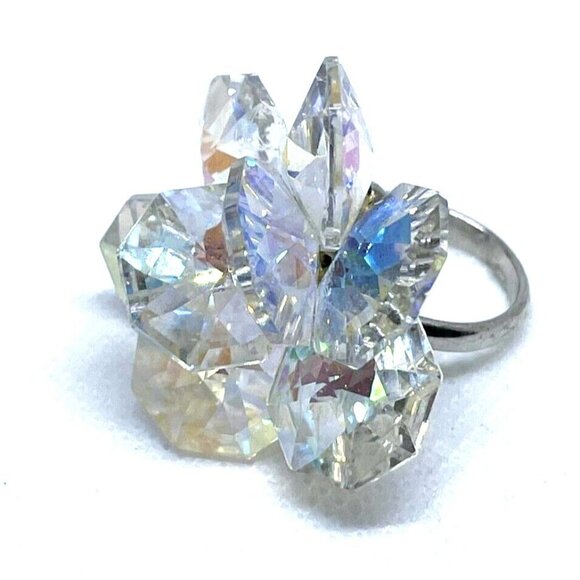 925 Sterling Silver Cluster Faceted Crystal Floral Ring Italy Size 5 - Picture 1 of 6